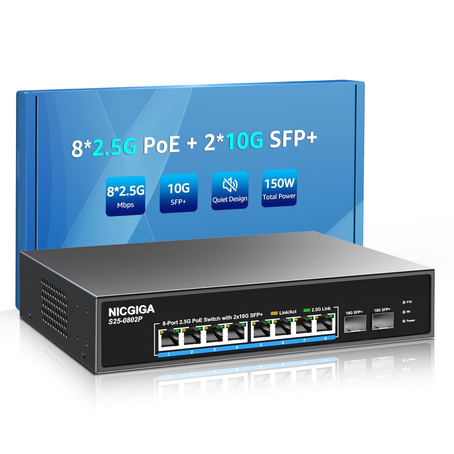 10 Port 2.5Gb PoE Switch Unmanaged with 8 Port 2.5G Base-T PoE+@130W + 2 x 10G SFP+ Uplink, NICGIGA 8 Port 2.5Gbe IEEE802.3af/at Power Over Ethernet