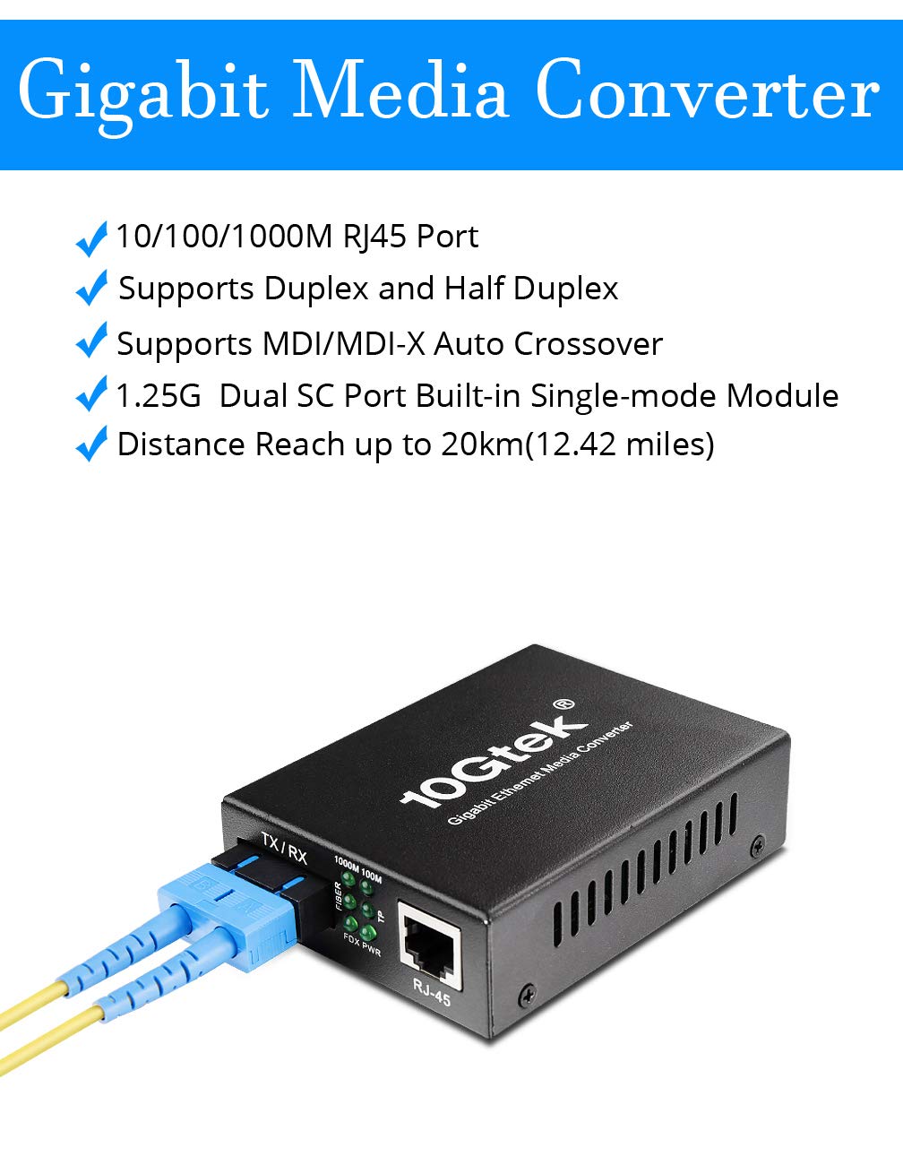 Fiber to Ethernet Media Converter, Gigabit Single Mode Dual SC Converter, Built-in Fiber Module up to 20km, Dual SC to 10/100/1000M RJ45, SMF, 1310nm
