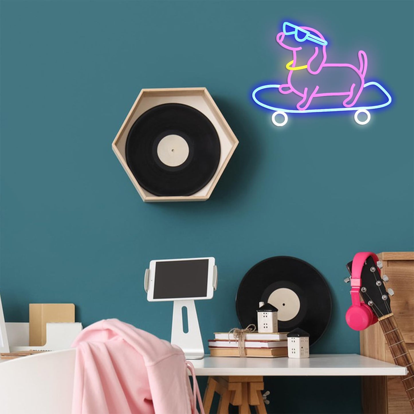 Skateboard Dog Neon Sign Dimmable Funny Dachshund Skateboarding LED Neon Light Wall Art Decor for Bedroom Bar Game Room Cute Pet Lover Gift