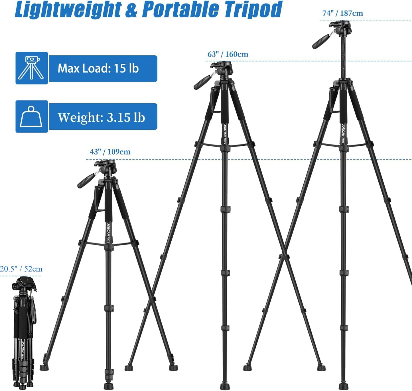 JOILCAN Tripod Camera Tripods, 74" Tripod for Camera Phone Video Recording, Heavy Duty Cameras Tripod Stand, Professional Travel DSLR Tripods
