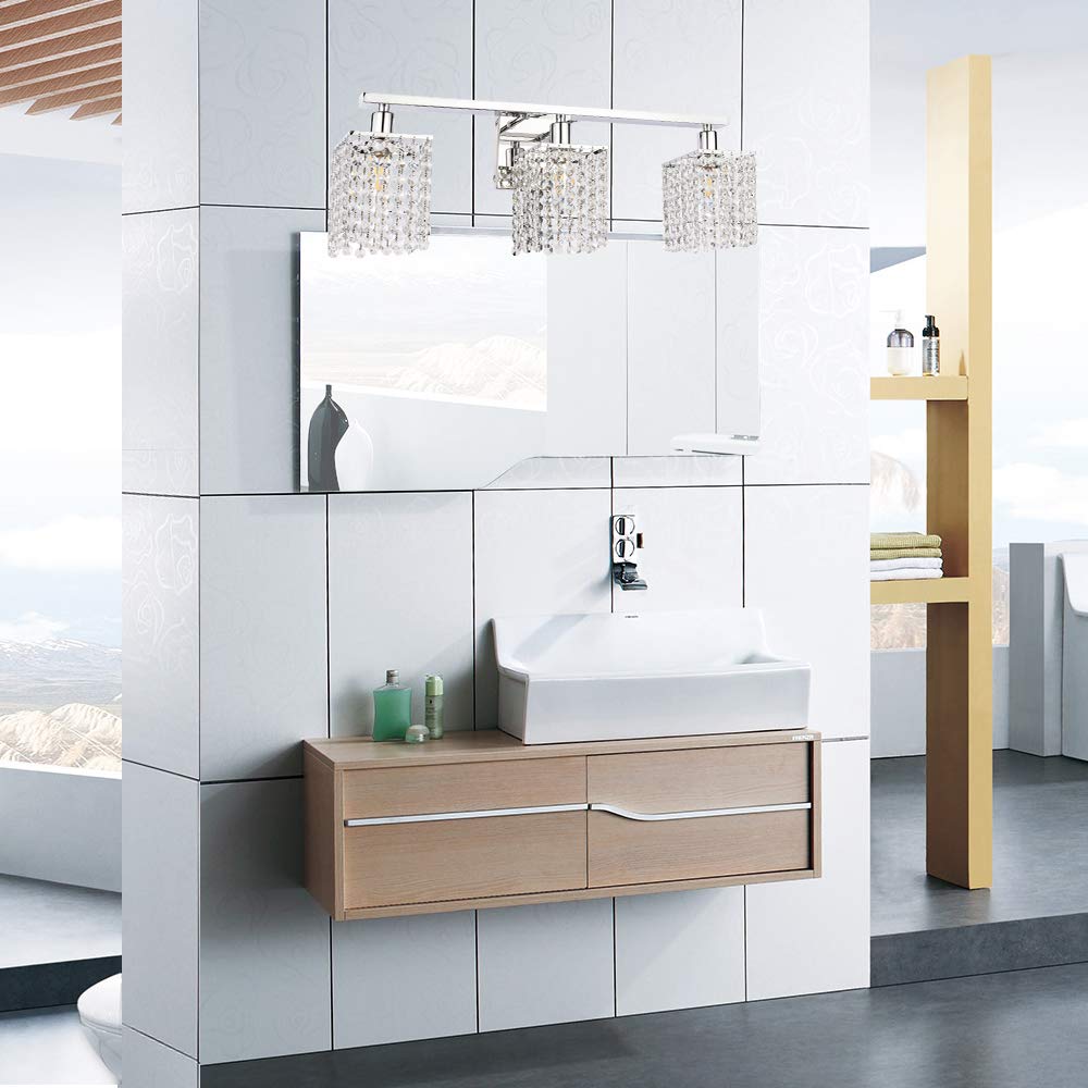 BONLICHT Wall Sconce with Crystal Drops,3 Light Modern Bathroom Vanity Light Over Mirror Polished Chrome Wall Light Fixtures Luxury Indoor Wall Mount