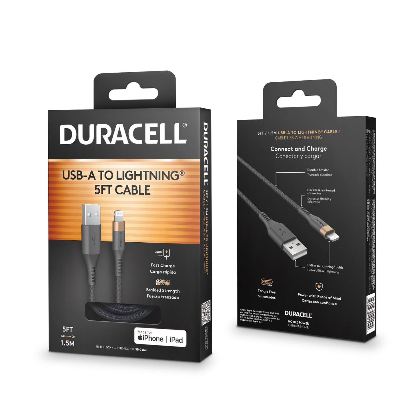 DURACELL iPhone Charger, USB-A to Lightning Cable (5ft/1.5m) Fast Charging Cable Type C Charger, MFi Certified for iPhone 14/13/12/11/X/8, AirPods