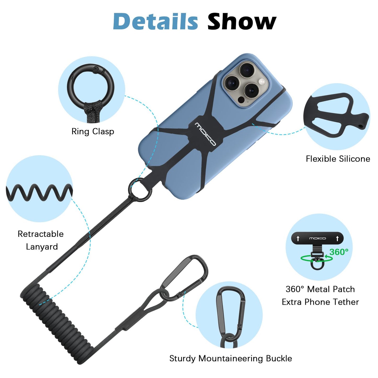 MoKo Retractable Phone Tether Lanyard, Anti-theft Cell Phone Strap with Silicone Sleeve-Fits up to 6.8" Phones, 360° Metal Tether Tab Cellphone Leash