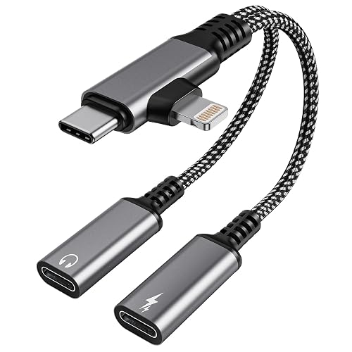 USBC Splitter 1 in 2 Out USB C Headphone and Charger Adapter - Type C & Lightning Male to Dual USB C Female Audio Dongle Cable, PD 60W Fast Charging +