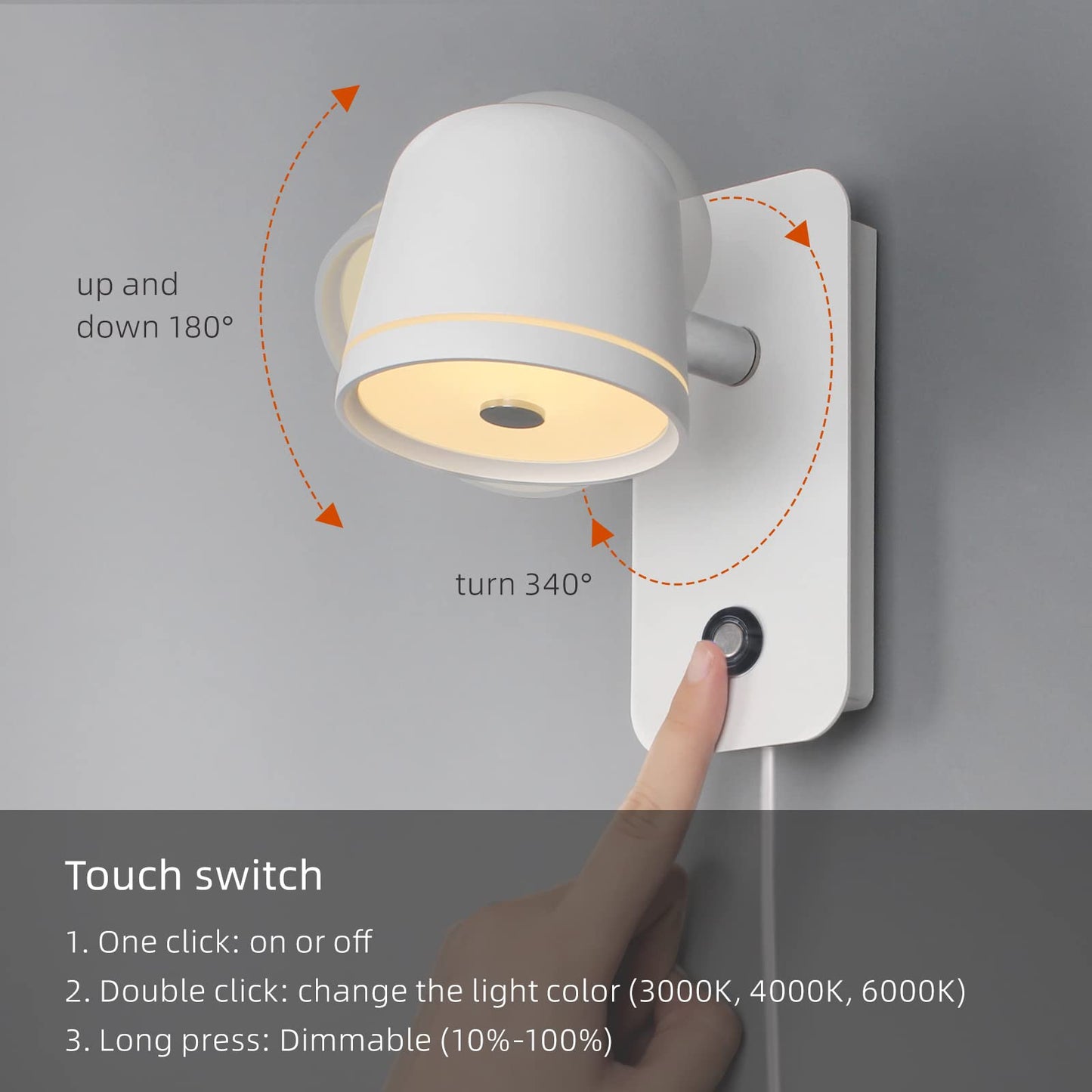Aisilan LED Plug in Wall Sconce with Touch Dimmable Control Adjustable Wall Mounted Lamp Angle Anti-Glare Matte White Aluminum Bedside Reading Wall