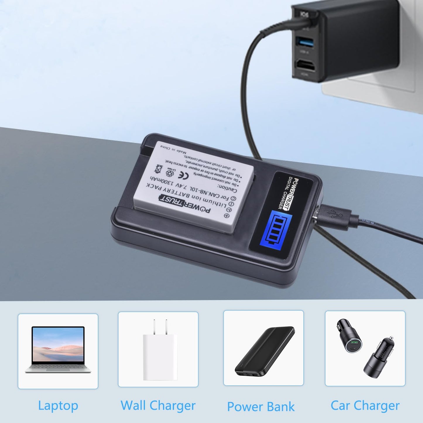 PowerTrust 2 Pack NB-10L Camera Battery and LCD USB Charger for Canon G1X G15 G16 SX40HS SX50HS SX60HS SX40 SX50 HS