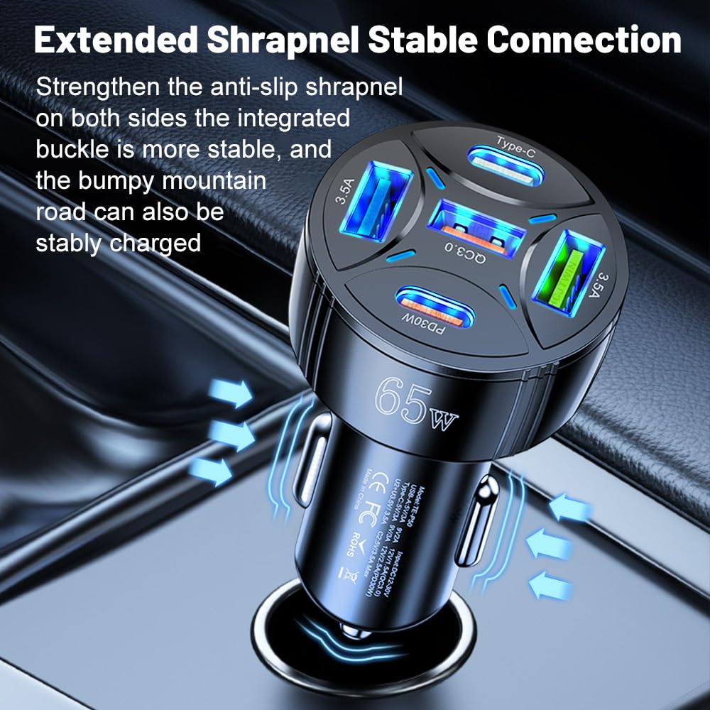 Alanph Super Fast Charging USB-C Car Charger Adapter, 65W 5-in-1 Multi-Port PD30W & QC3.0 Cigarette Lighter USB Charger
