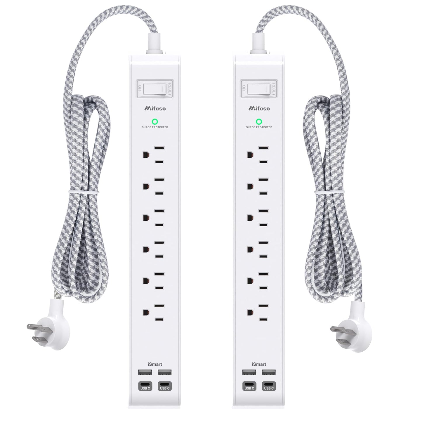 2 Pack Power Strip, 12FT Long Extension Cord, Surge Protector with 6 Outlets and 4 USB Ports (2 USB C), Flat Plug Overload Protection, Extension Cord