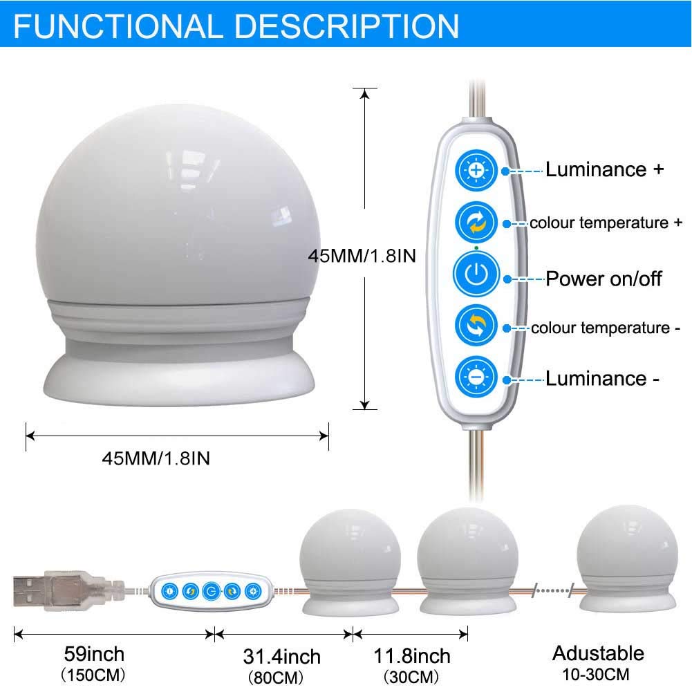 Cimenn Hollywood Makeup Vanity Mirror Bulb, 10Pcs USB LED 5 Color Temperature Light Bulb for Makeup Beauty Tabletop Vanity Mirror, Wall Mounted