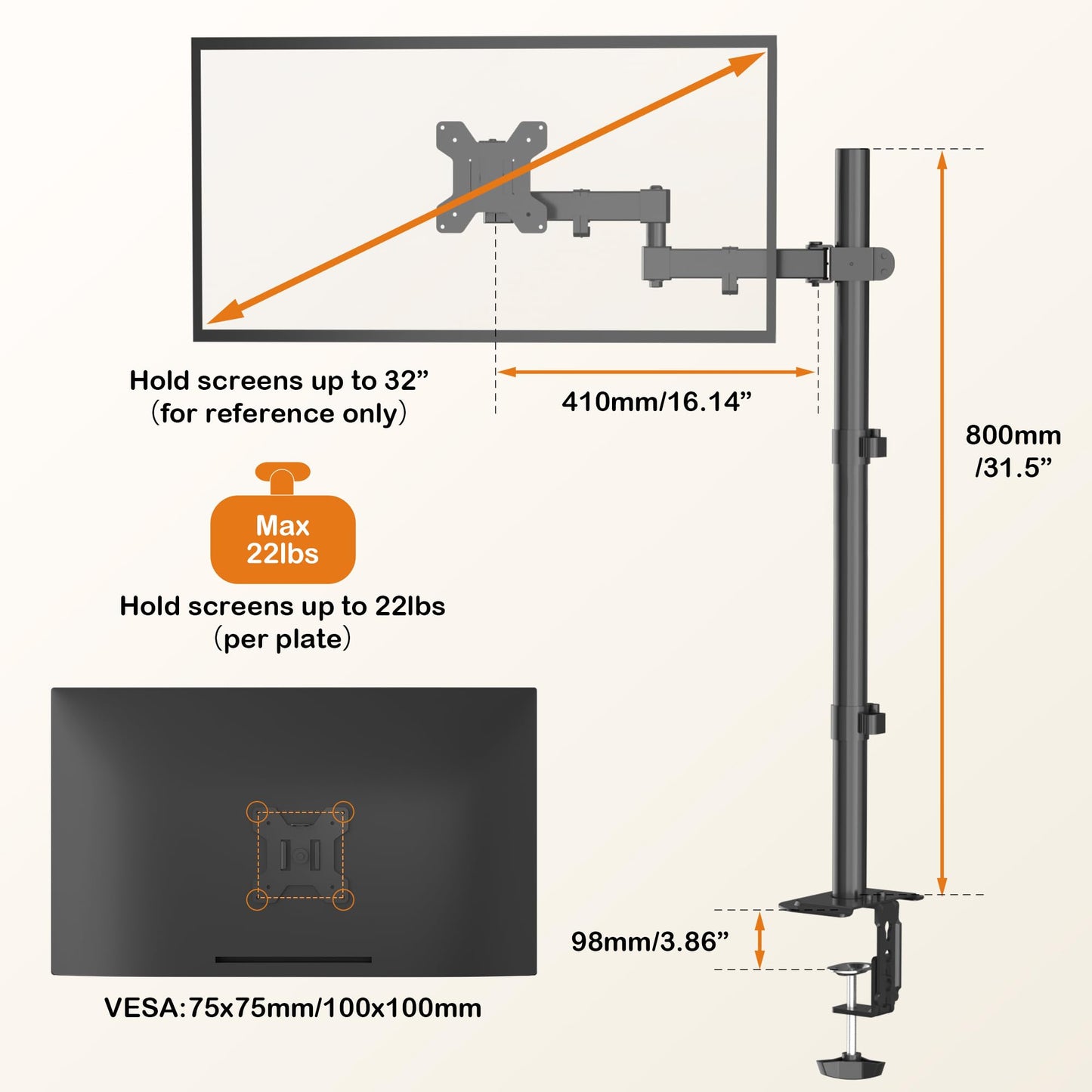 Bracwiser Single Fully Adjustable Standing Height Monitor Arm Stand Mount 800mm Tall for Monitor Computer Screen 13 15 17 19 20 22 23 24 26 27 30 32