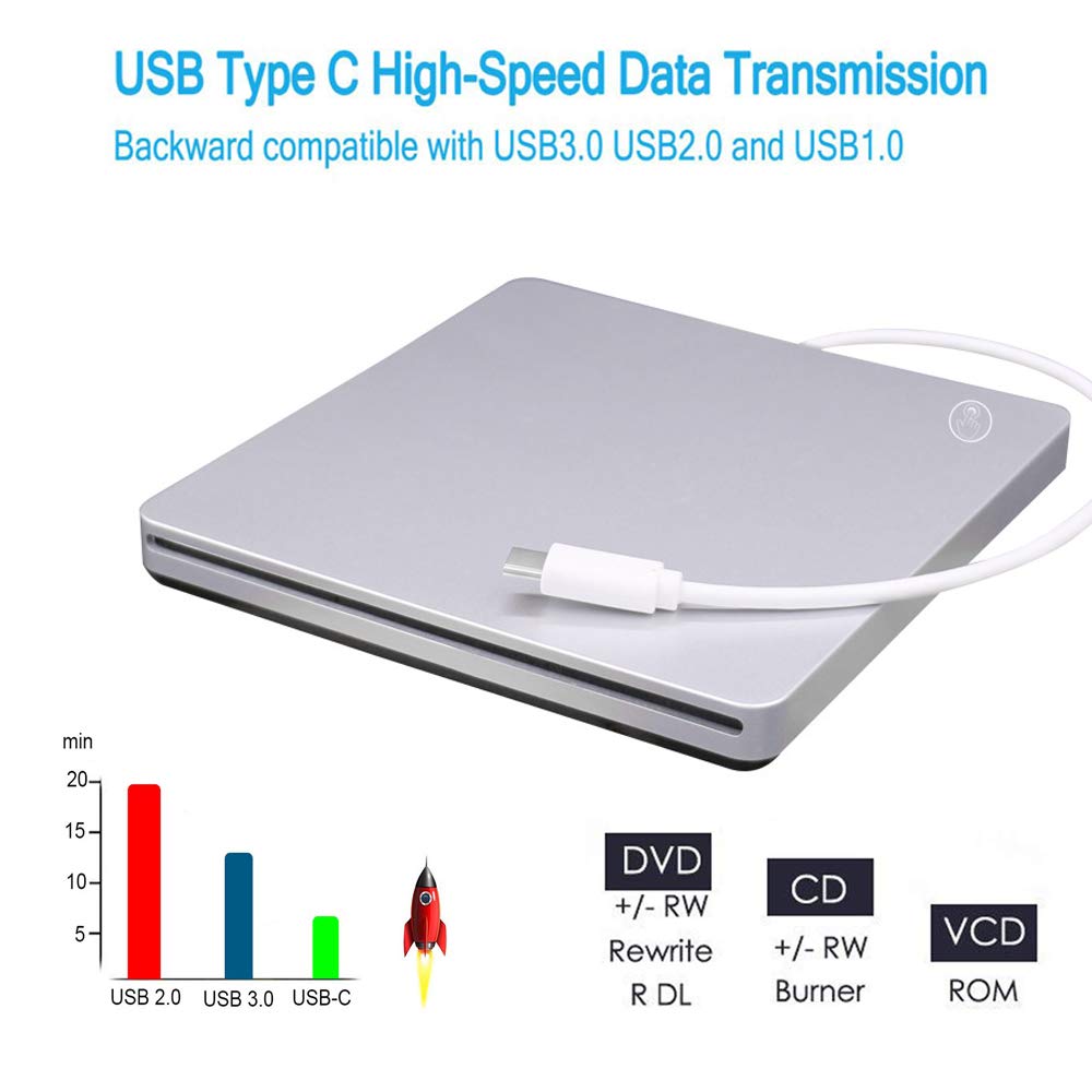 Xglysmyc External USB C Superdrive Ultra Slim USB3.0 CD DVD Drive Burner External CD/DVD +/-RW Writer Reader Player with High Speed Data for MacBook