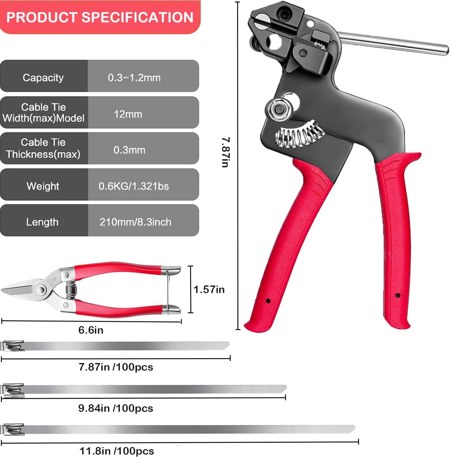 Stainless Steel Cable Ties Gun Set with 300PCS Self-Locking Metal Zip Ties (100 Each of 7.8", 9.8", 11.8"), Heavy Duty Fastening Cutting and Release