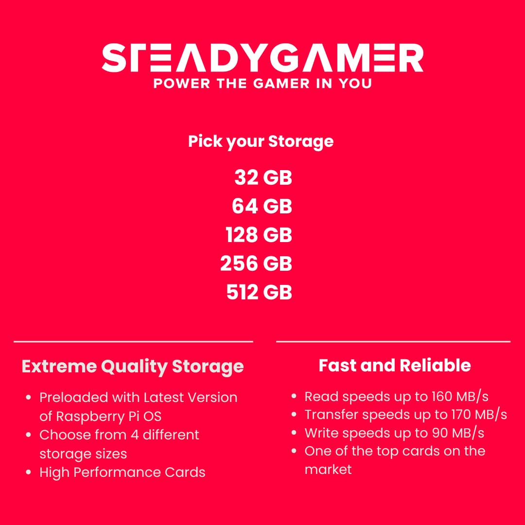 STEADYGAMER - 32GB Raspberry Pi Preloaded (Raspberry Pi OS/Raspbian) Extreme Micro SD Card | 5, 400, 4, 3B+, 3A+, 3B, 2, Zero | Compatible with All Pi
