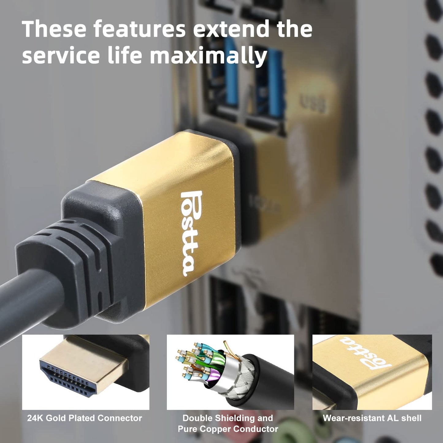 Postta HDMI Cable 75 Feet with Built-in Signal Booster HDMI 2.0V Cable with 2 Piece Cable Ties+2 Piece HDMI Adapters Support 3D,1080P,Ethernet,Audio