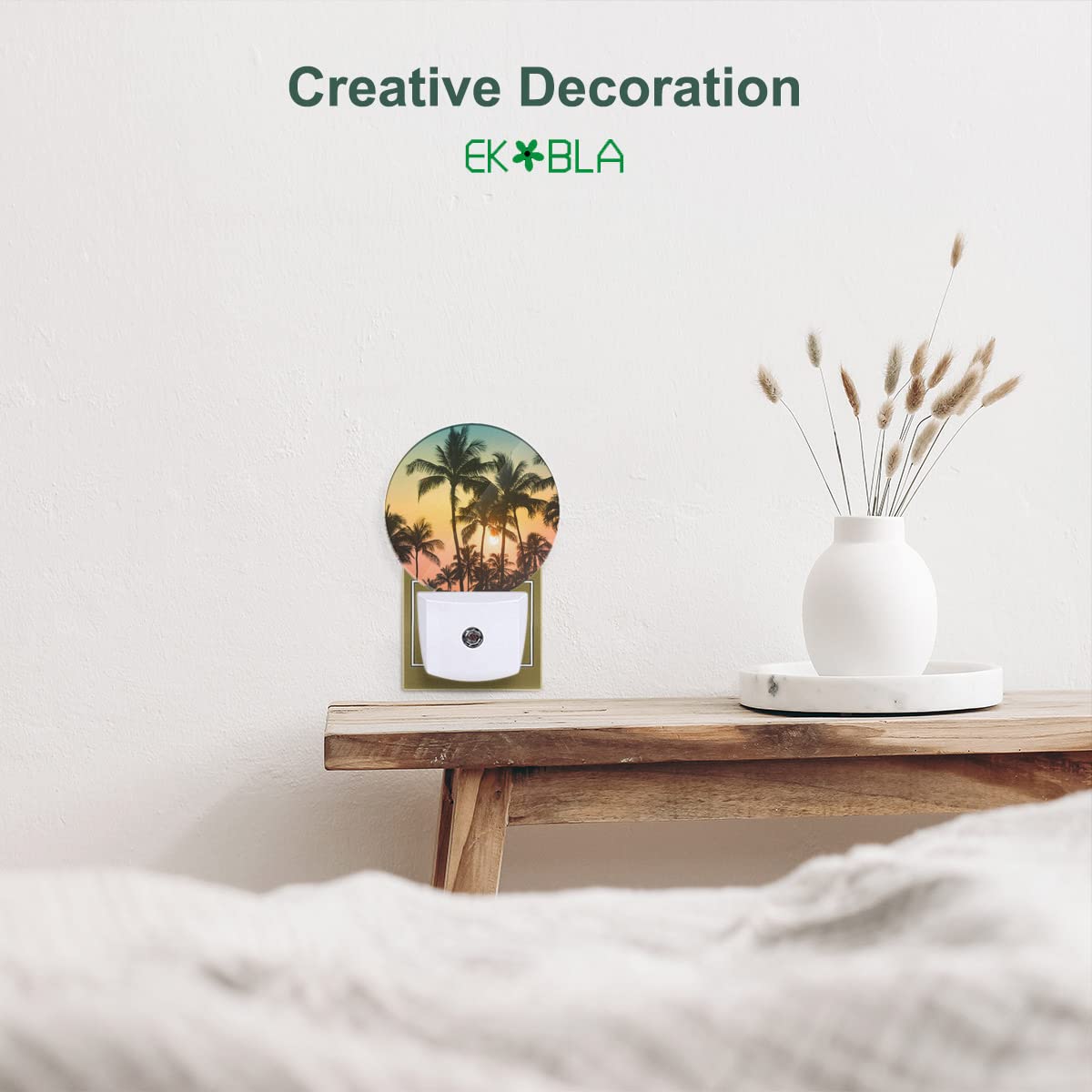 EKOBLA Palm Tree Sunset Night Light, Tropical Beach Night Lights Plug Into Wall with Auto Sensor, 0.5W Sleep Friendly