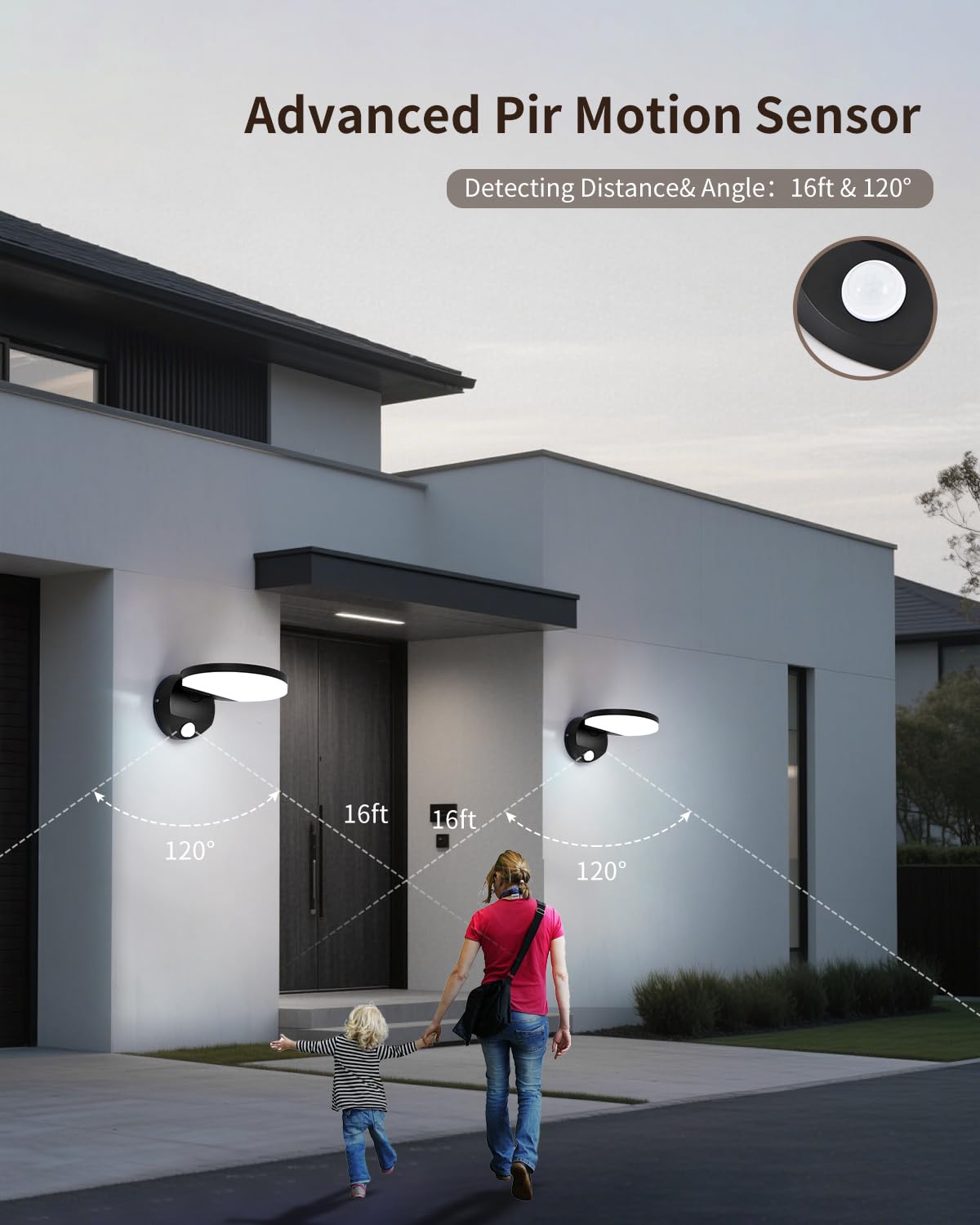 PEBIN Wired Motion Sensor Outdoor Lights Fixtures LED 18W Modern Exterior Porch Lights Wall Sconces Light for Doorway Patio Garage Matt Black Round