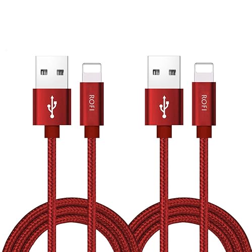 RoFI Compatible Phone Cable, 2FT Nylon Braided Fast Charging USB Cord Replacement - 2 Pack (Red, 2 FT) for X, 8, 7, 6, 5, 5S, 5C, SE, Pad Air, Mini