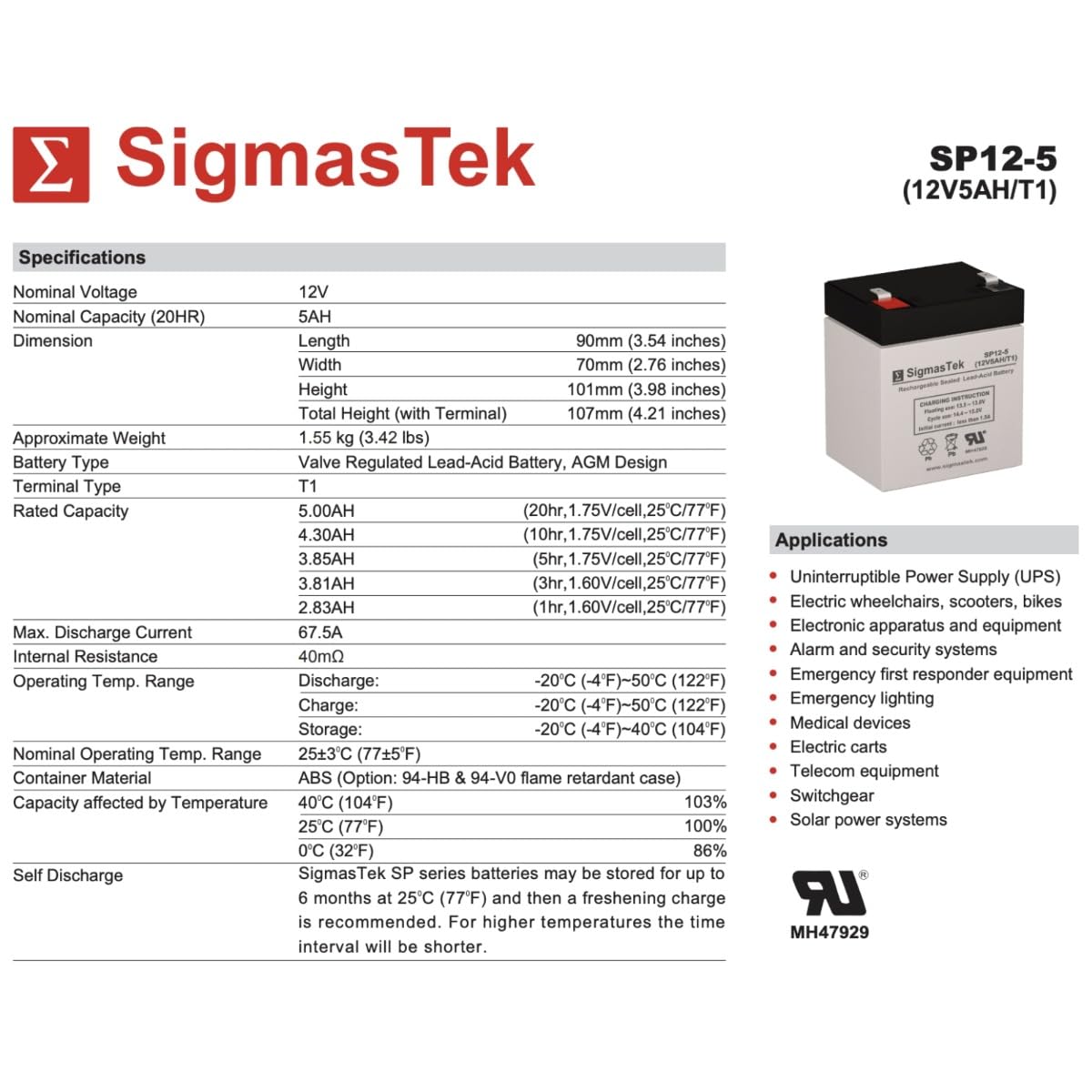 SigmasTek SP12-5 (T1) - 12V 5AH F1 SLA Rechargeable Battery Set - Replaces: Universal Power UB1250 (D5741), Mighty Max Battery ML5-12, BP5-12…