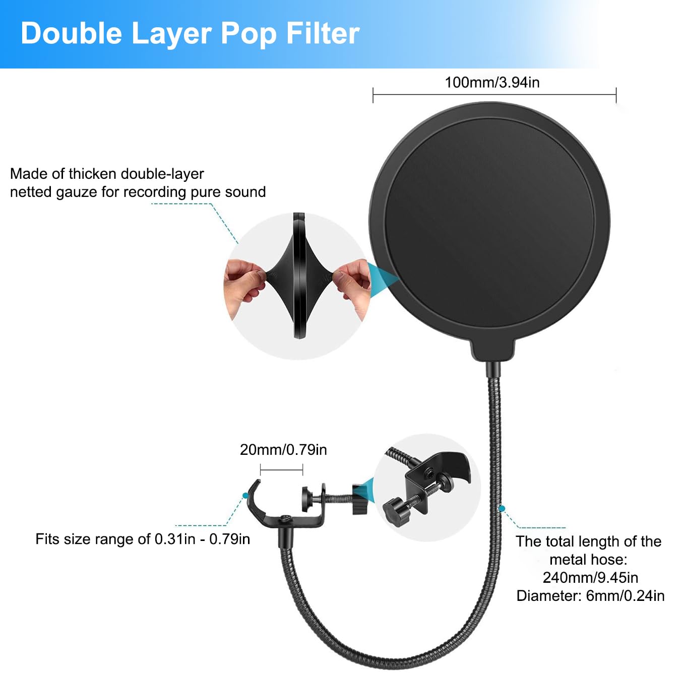 Mic Stand Desk, Table Mic Tripod Desktop Mic Stand Height Adjustable Small Microphone Stand for Desk with Pop Filter Shock Mount Mic Clip 1/4" to 5/8"