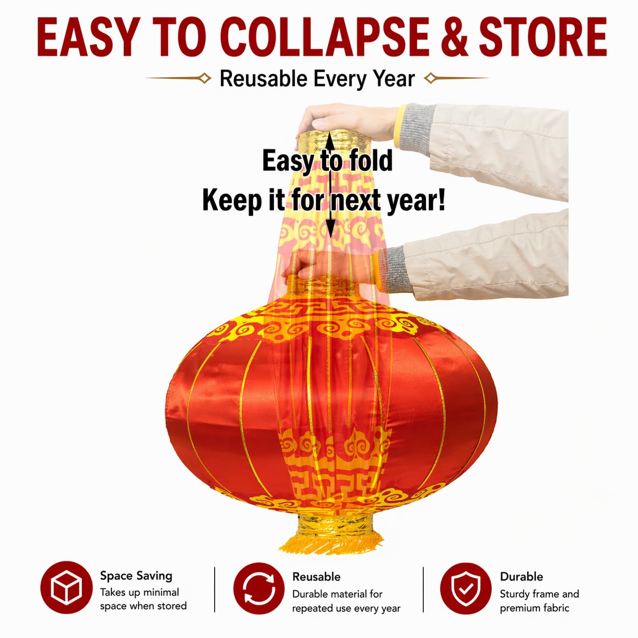 Large Chinese Lantern, Red Traditional Hanging Lamp Shade China New Year Spring Festival Decoration Cloth Lighting (16'')