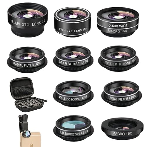 Mocalaca Phone Camera Lens (11 Lenses) Phone Lens Kit, Clip on Fisheye/Macro/Wide Angle Lens Attachment with Travel Case for iPhone 14 13 12 11 Xs X