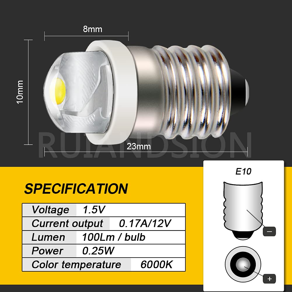Ruiandsion 2pcs E10 LED Bulb DC 1.5V COB 0.5W 6000K White LED Bulb for Torch Light Flashlight Light,Negative Earth