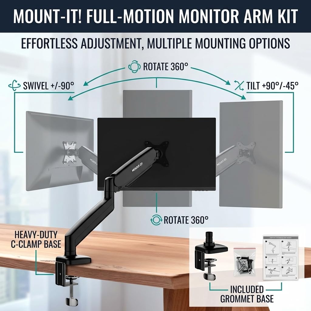 Mount-It! Single Monitor Arm Desk Mount, Gas Spring Monitor Mount, Fits 13-32" Screens up to 17.6 lbs, VESA 75x75 & 100x100, Full Motion Tilt Swivel