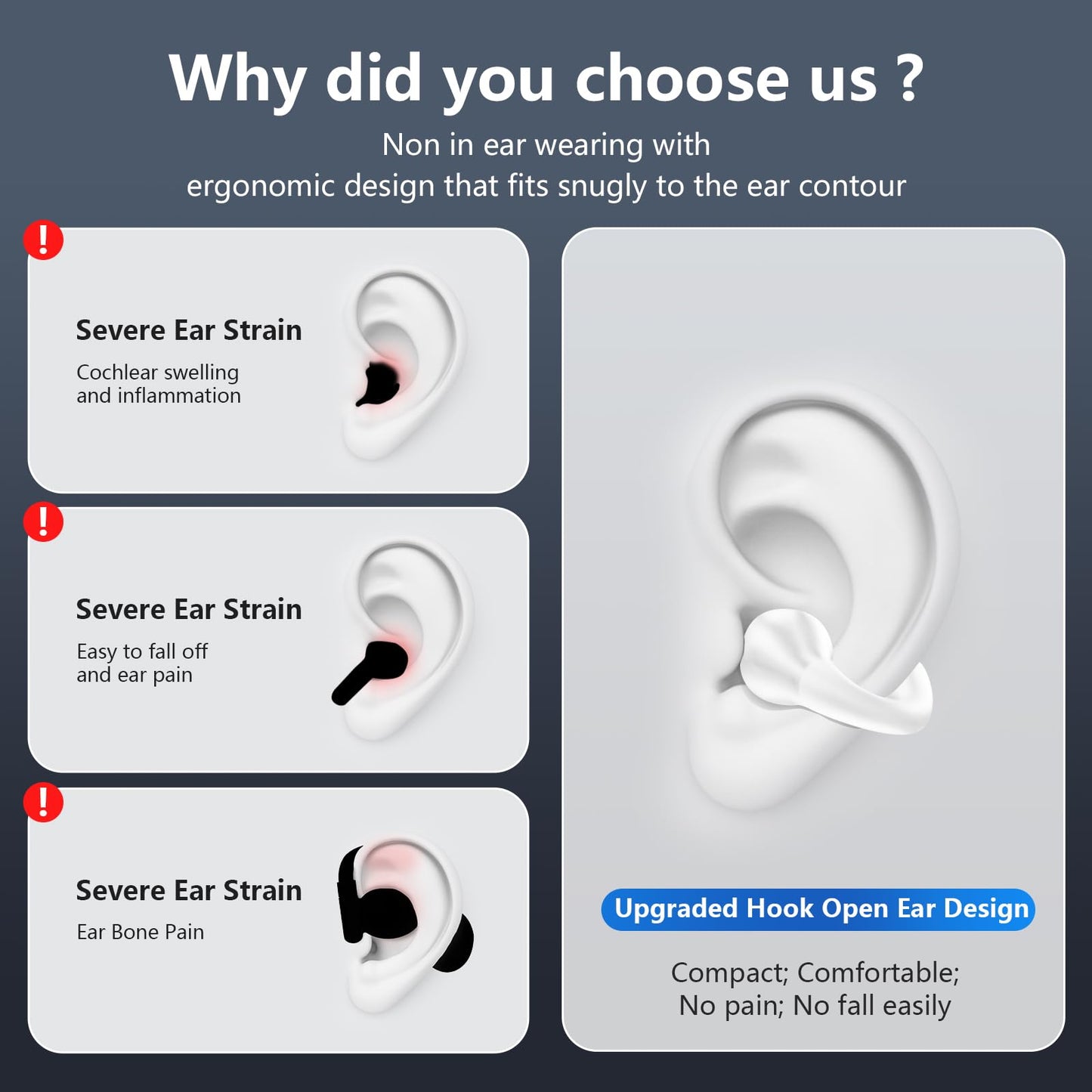 Open Ear Bone Conduction Headphones Bluetooth 5.3 Wireless Open Clip Ear Earbuds Built-in Mic with Ear Hooks 60 Hours Playtime Sport Earphones IPX7