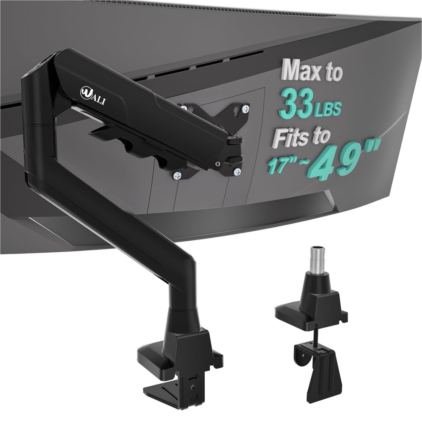 WALI Heavy Duty Single Monitor Arm for 17-49 Inch Flat Curved Ultrawide Screens, up to 33 Lbs, Adjustable Single Monitor Desk Mount for Home Office