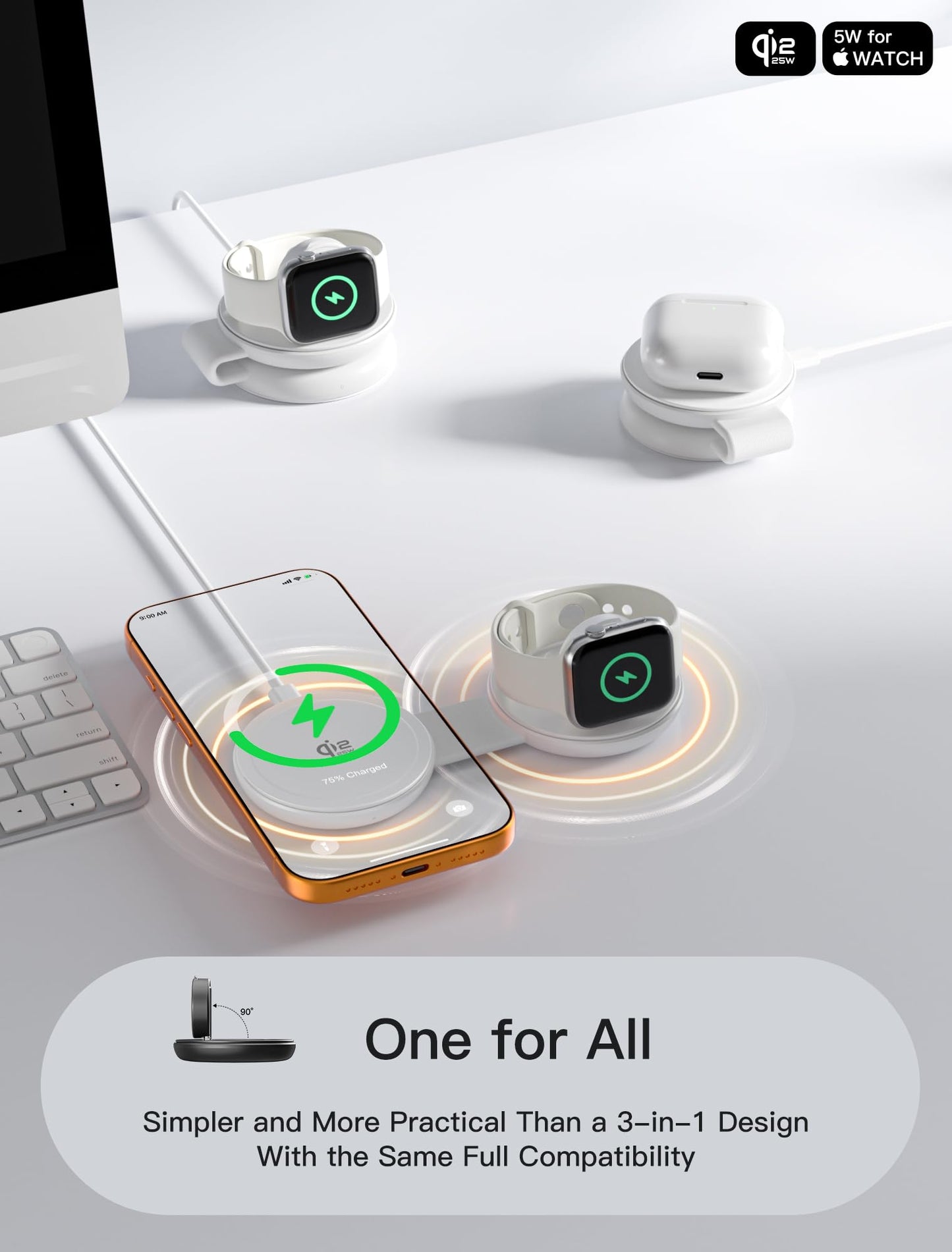 2 in 1 Magnetic Wireless Charger, Qi2 25W Fast Charging Travel Station Pad Compatible with MagSafe for iPhone Air/17/16/15/14/13/12, 5W for Apple