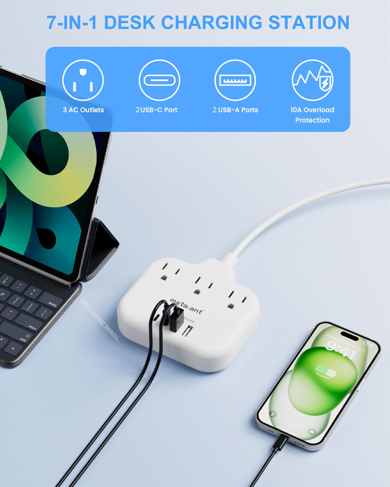 2 Prong Power Strip with USB C, meta-ant 2 Prong to 3 Prong Outlet Adapter, Two Prong Power Strip with 3 Outlets & 4 USB(2 USB-C), 4ft Extension Cord