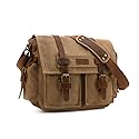 Kattee Leather Canvas Camera Bags for Men Vintage DSLR SLR Messenger Shoulder Bags Khaki
