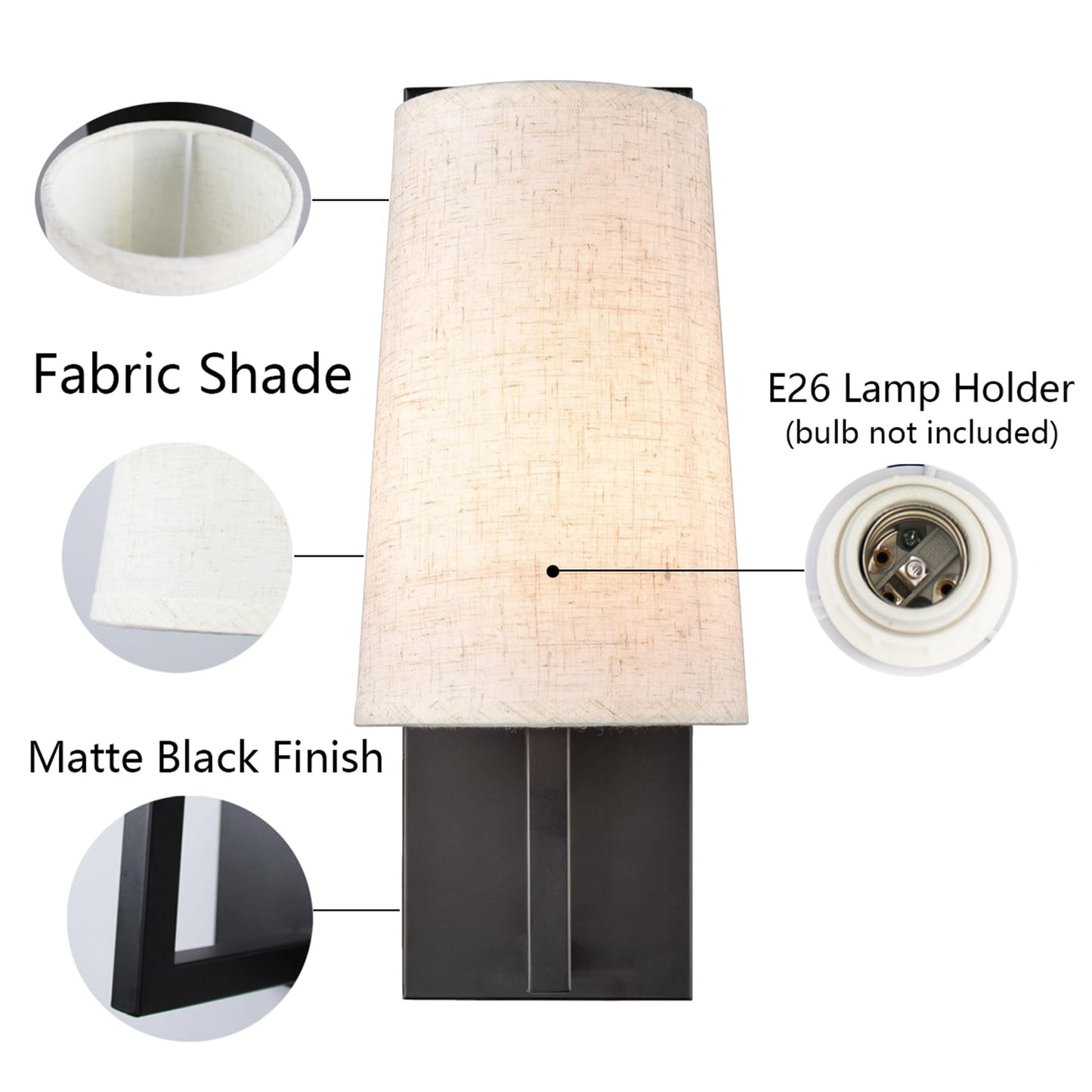 TEENYO Farmhouse Black Wall Sconces Set of Two Modern 1-Light Hardwired Matte Black Wall Lamp with Fabric Shade Sconces Wall Lighting for Bedroom