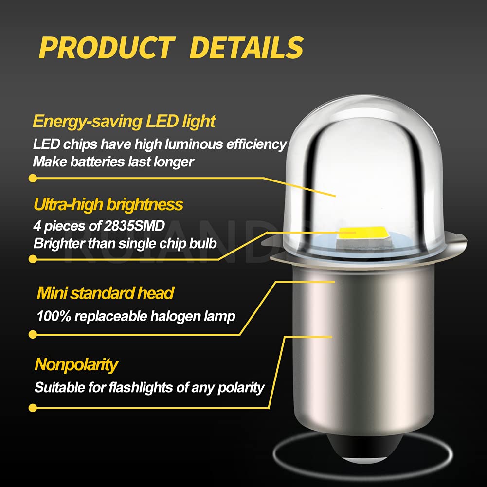 Ruiandsion LED Flashlight Bulb 6V P13.5S Base Socket White LED Bulbs Replacement for Flashlight Torch Lights,Non-Polarity Non-Dimmable (Pack of 5)