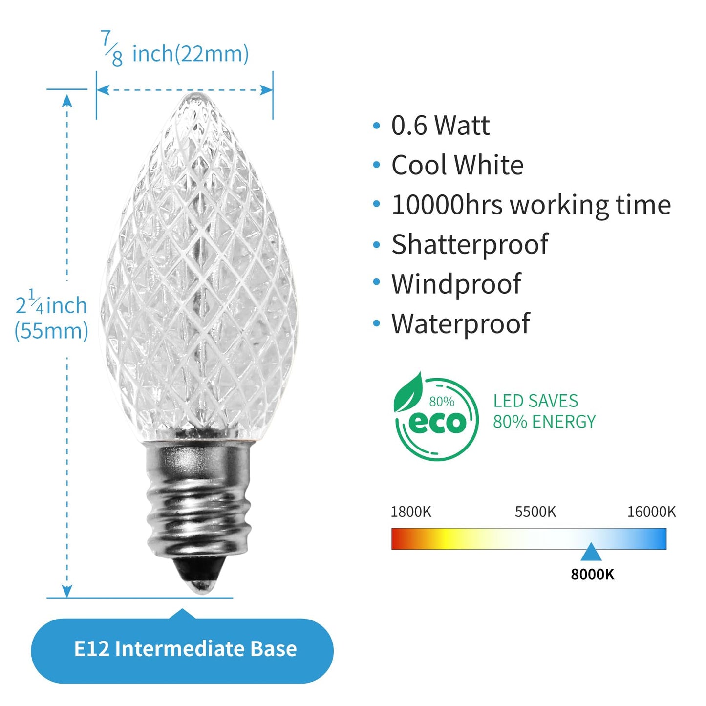Meconard C7 Led Replacement Christmas Light Bulbs, C7 Shatterproof Led Bulbs for Christmas Indoor Outdoor String Lights, E12 Candelabra Base