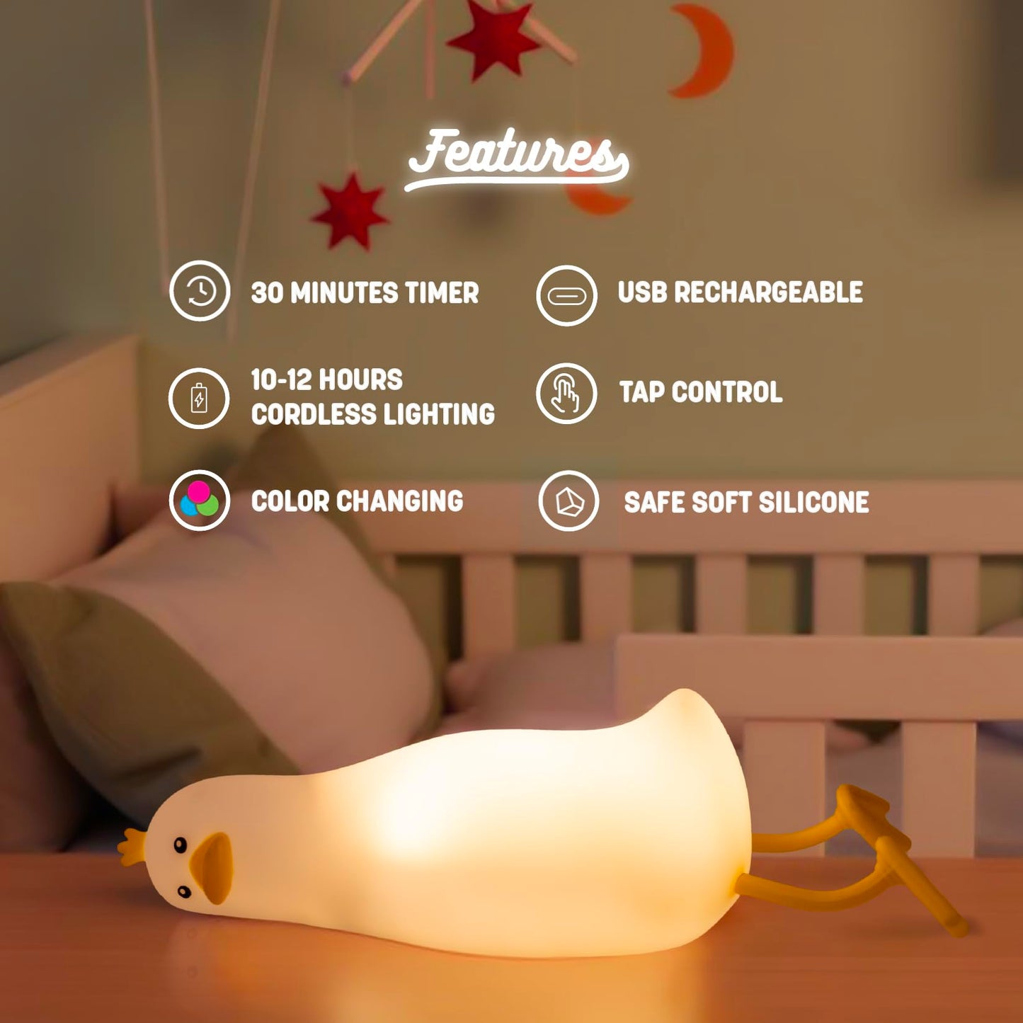 Wonderlit Kawaii Squishy Duck Lamp - Cute Duck Night Light for Kids Room, Color Changing Silicone Touch Lamp, USB Rechargeable Bedside Ambient Light