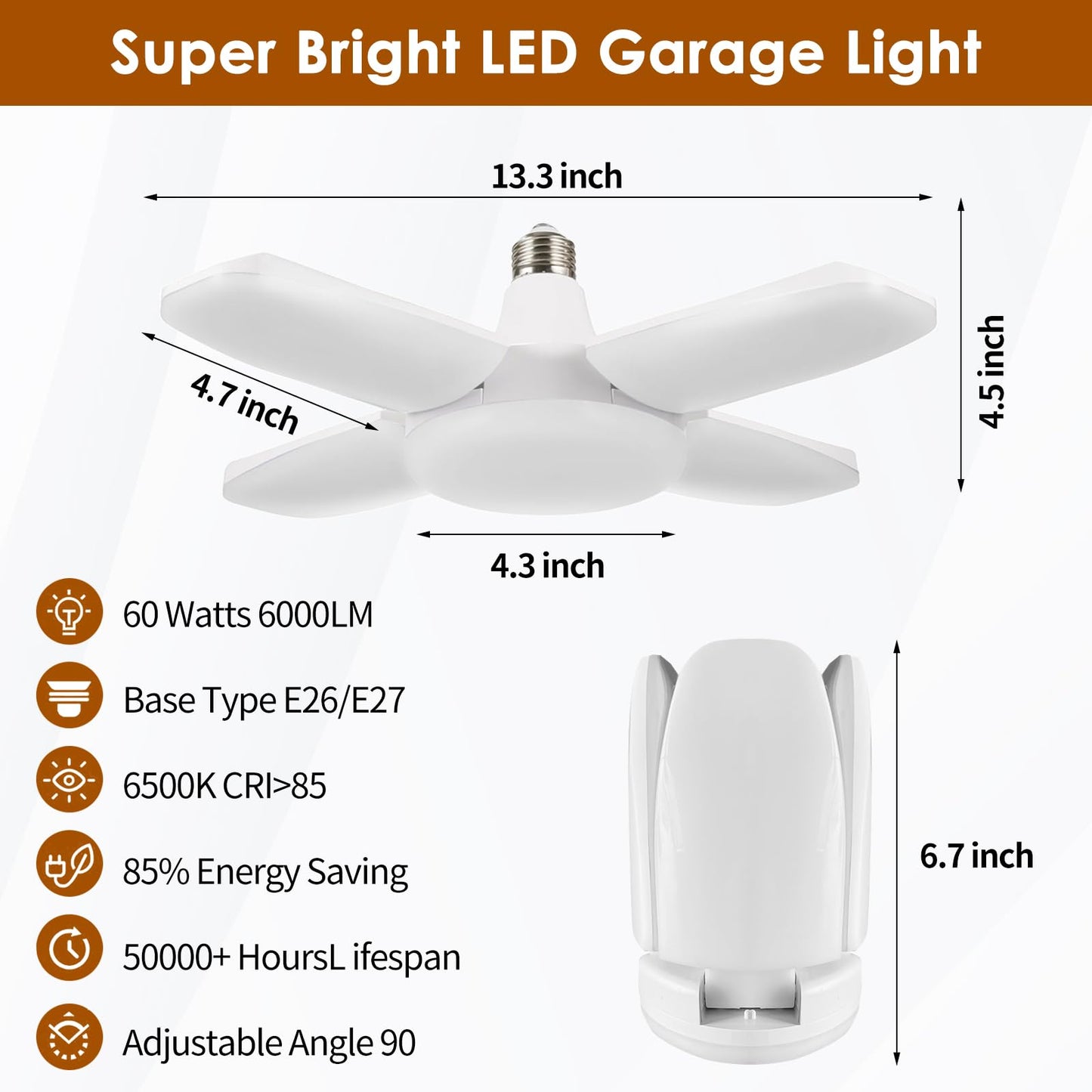 YWD LED Garage Lights 2Pack, 60W Deformable Led Ceiling Lighting 6000LM E26/E27 Daylight 6500K Super Bright Light Adjustable for Workbench, Barn