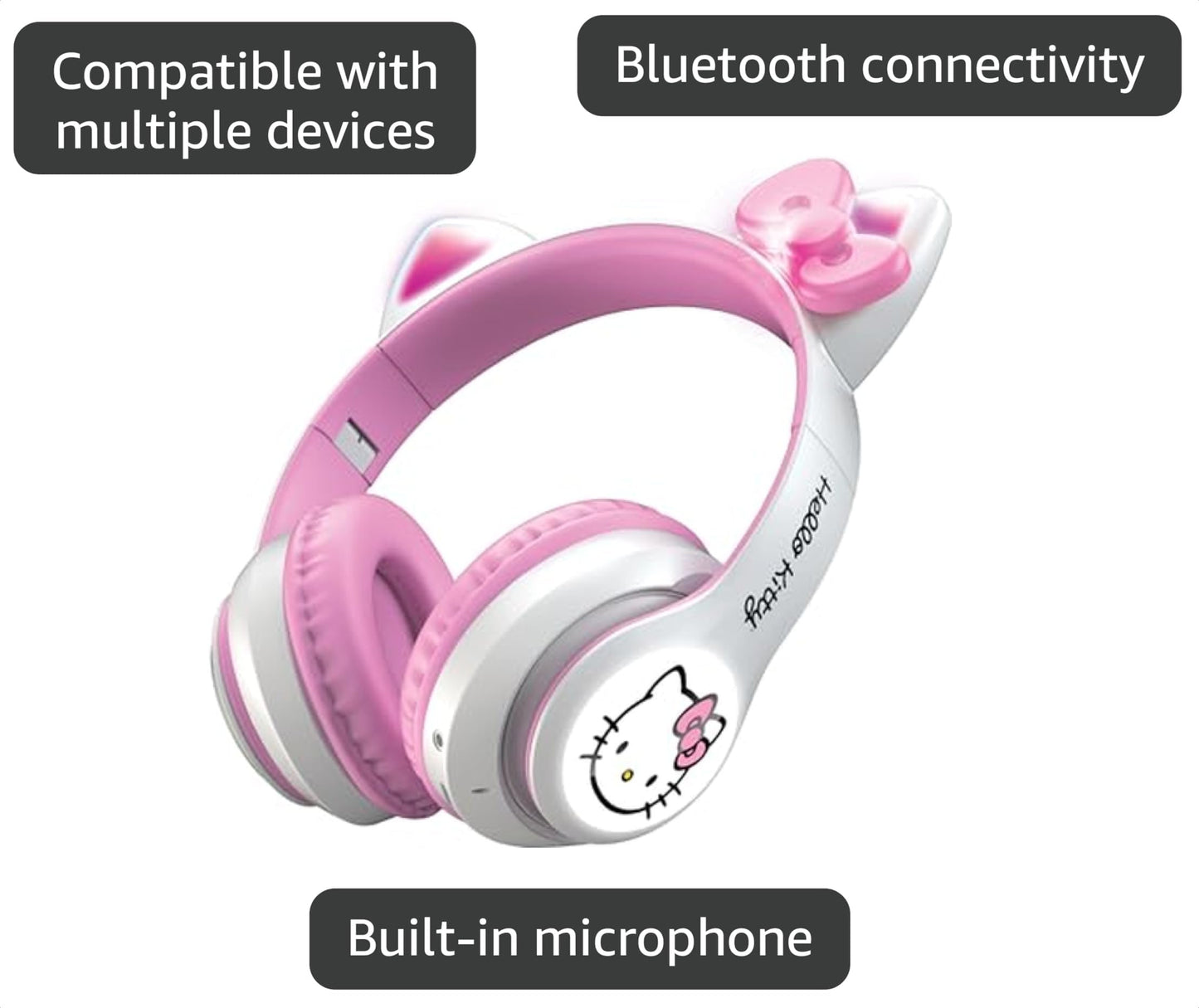 Hello Kitty Wireless Bluetooth Light-Up Headphones with Foldable Design, Adjustable Headband, 8 Hours Playtime, LED Kitty Earcups, for Kids & Adults