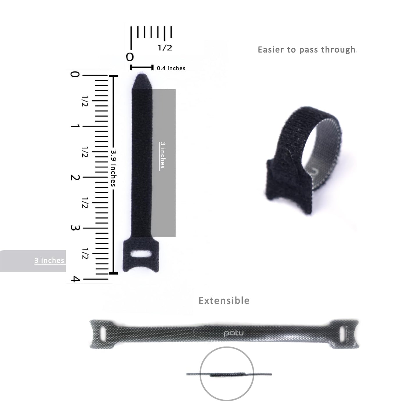 Patu Reusable Fastening Cable Ties - 30 Pcs 3 Inch Microfiber Cloth Hook and Loop Cord Management Wire Organizer Straps, Black
