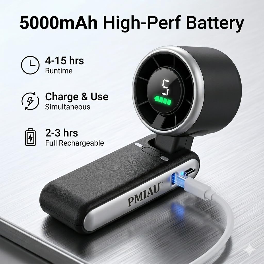 PMIAU Portable Mini Fan 5000mAh (15hours) Rechargeable USB Desk Fan, 5 Speeds Personal Cooling Fan, 6.7 in Compact Quiet Fan for Office, Bedroom