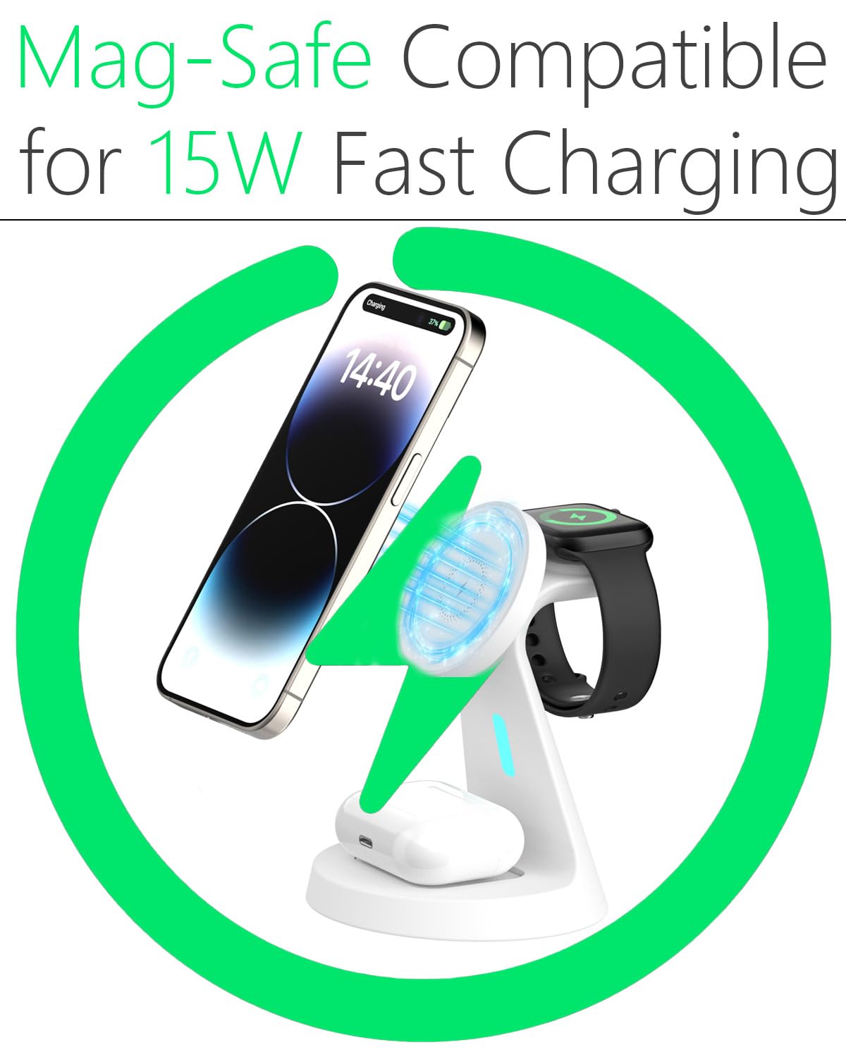 Wireless Charger Compatible with Mag-Safe,3 in 1 Charging Station for iPhone17/16/15/14/13/12 Series, Apple Watch,AirPods,15W Fast Charging (Adapter