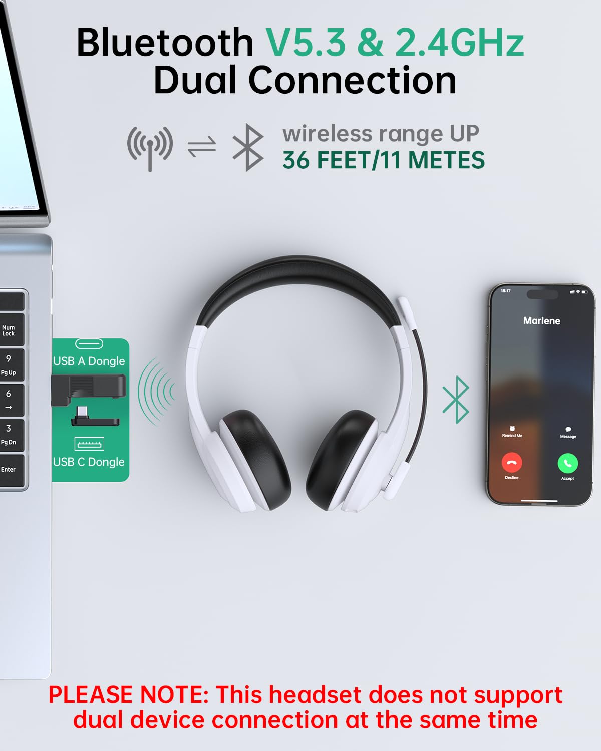 AOC Wireless Headset with Mic for Work, AI Noise Cancelling, Bluetooth