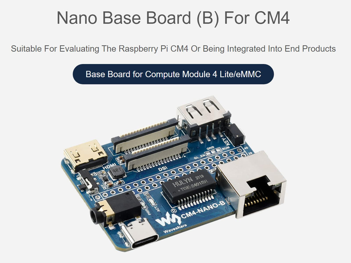 Nano Base Board (B) for Raspberry Pi Compute Module 4, Same Size as CM4, with Standard CM4 Socket, Raspberry Pi 40PIN GPIO, Gigabit Ethernet, USB2.0