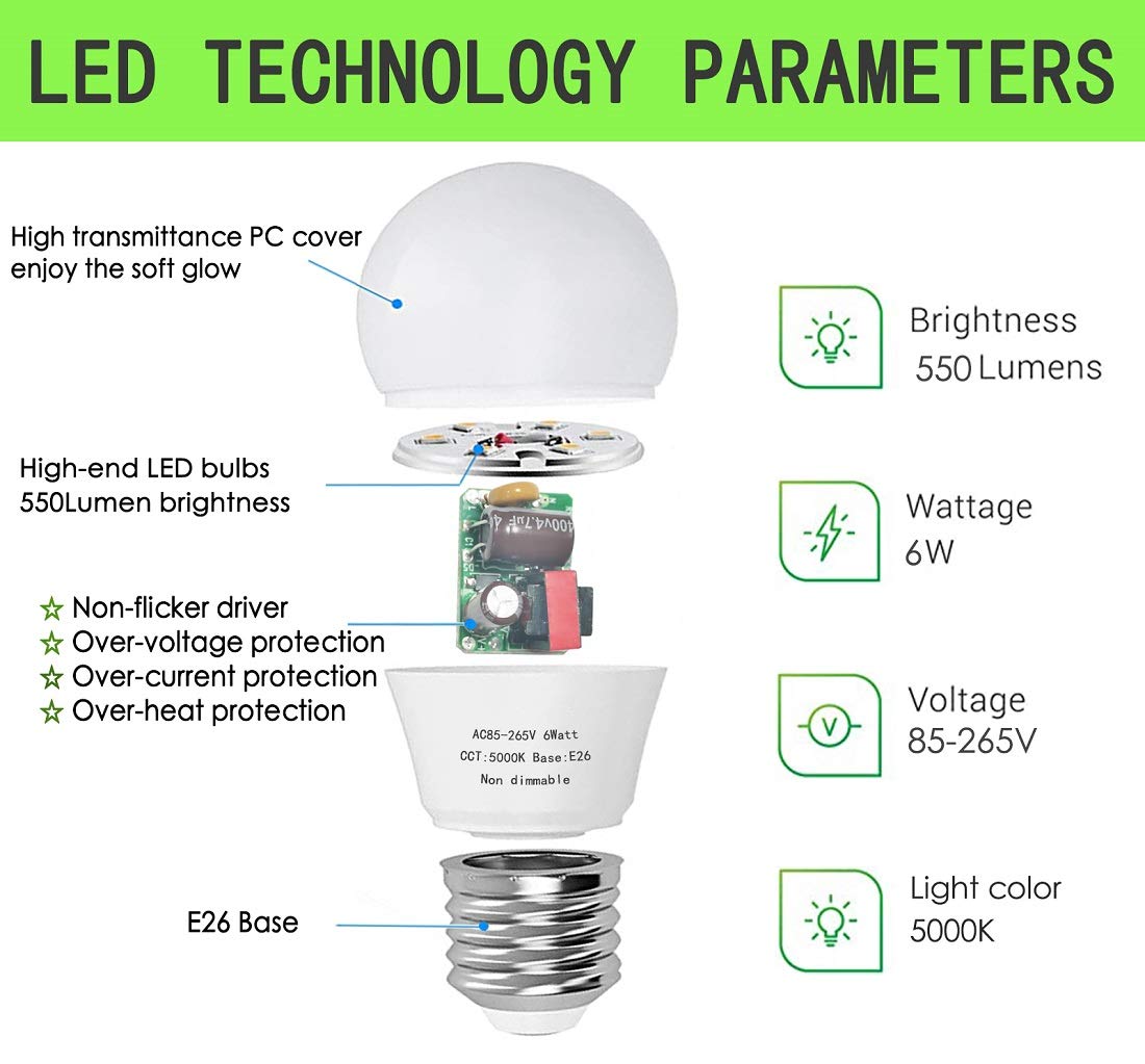 GOSCHE E26 A15 LED Appliance Bulbs, 60W Equivalent, 5000K Daylight, 6 Pack