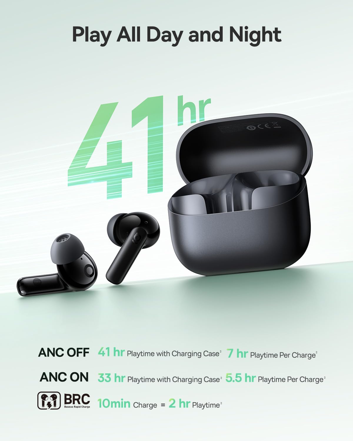 Baseus Bass BP1 NC Hybrid Active Noise Cancelling Wireless Earbuds, 12mm Super-Bass Driver, 41H Playtime, Bluetooth 6.0, IP55 Waterproof, 4-Mic AI…