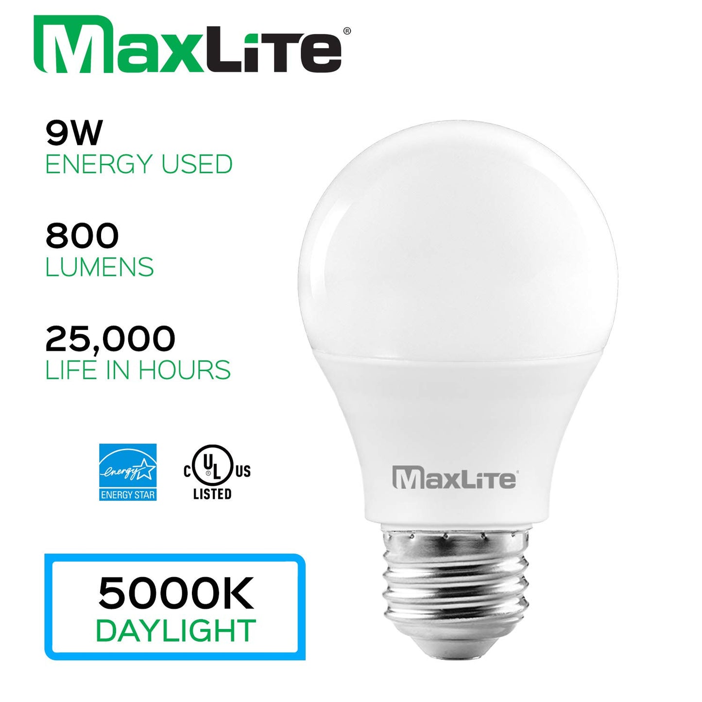 MaxLite A19 LED Bulb, Enclosed Fixture Rated, 60W Equivalent, 800 Lumens, Dimmable, E26 Medium Base, 5000K Daylight, 4-Pack