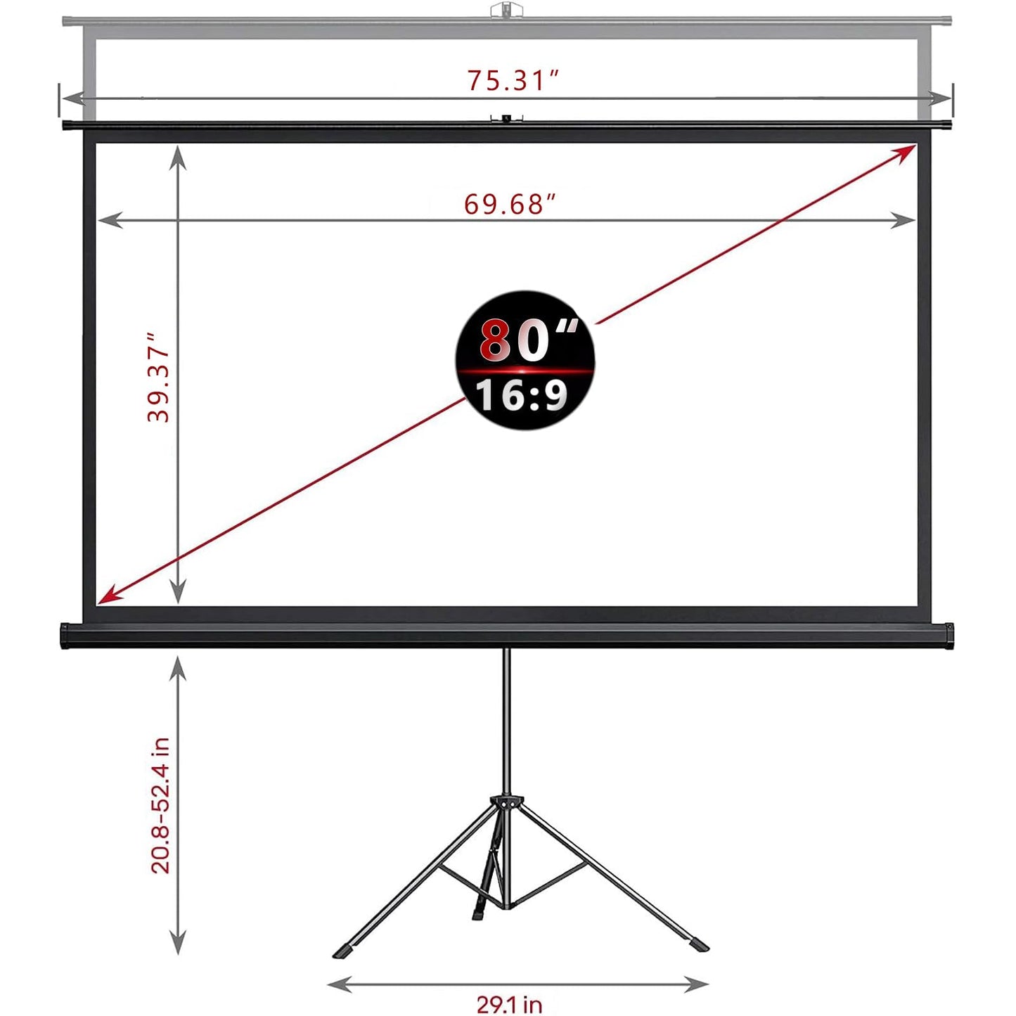 Aoxun 80" Projector Screen with Stand - Set of Pull Up Indoor and Outdoor Portable Free Tripod Screen 80 inch 16:9 HD Projection Screen for Movie or
