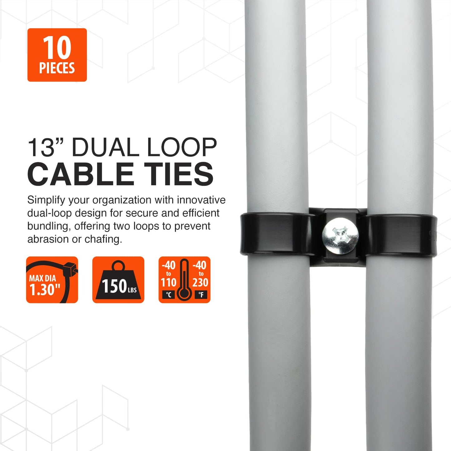 TR Industrial Contractor Series Dual Loop Impact Resistant Heat Stabilized Cable Ties, 13", UV Black, Made in USA, 10-Piece