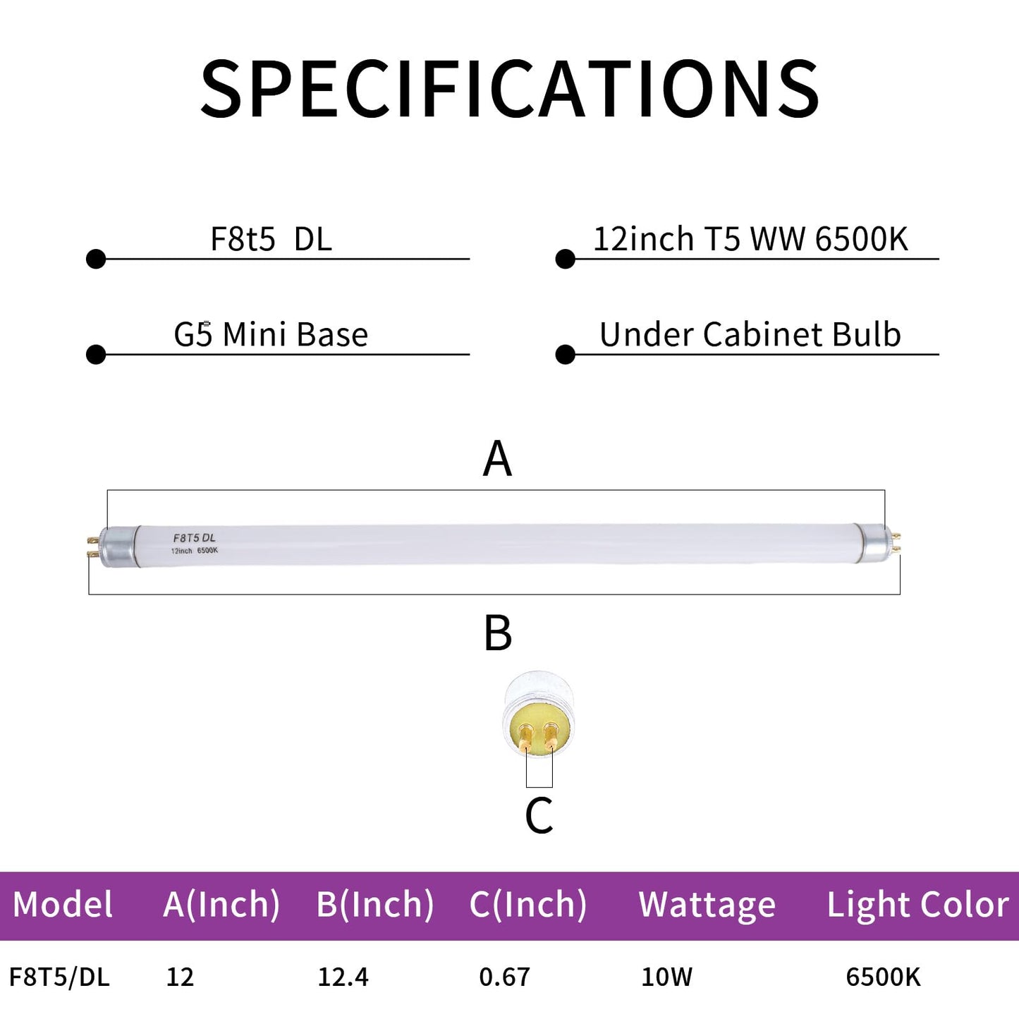 Accway (6 Pack) F8T5/DL 6500K 12’’ Linear Fluorescent Light Bulb, 8W Day Light T5 Tube, F8T5/D Bright White Lamp G5 Base Replacement for Under Cabinet