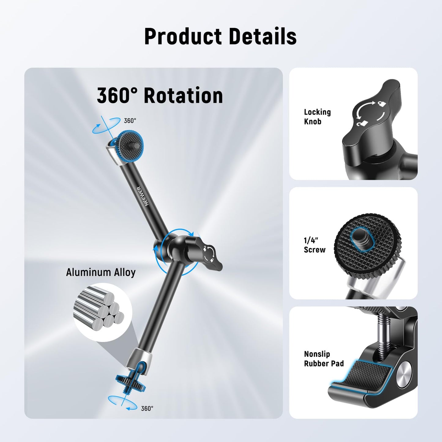 NEEWER 9.8"/25cm Magic Arm with Super Clamp & Cleaning Cloth, 1/4" & 3/8" Threads for Flash/LED Light/Microphone/DSLR Camera Monitor Compatible